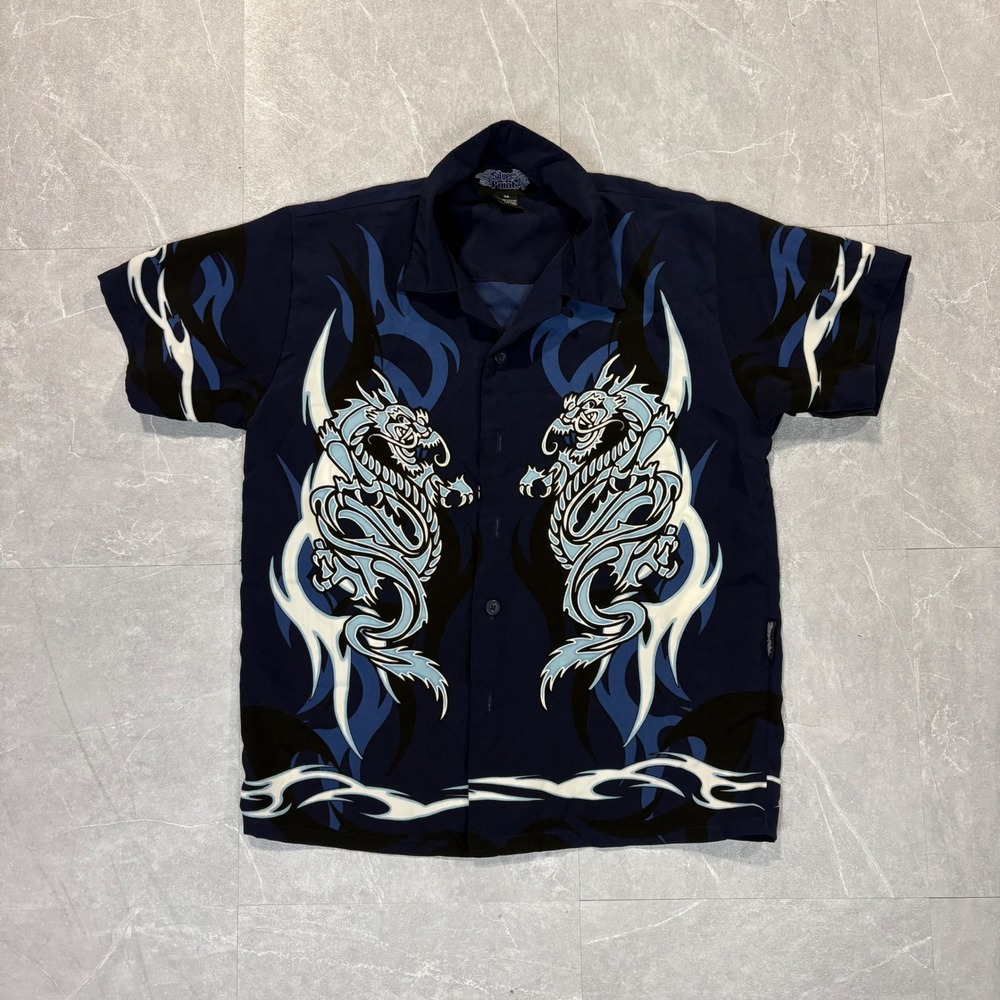 Silver Point Mens Blue Dragon Flame Graphic Button Down Shirt Y2K Streetwear M